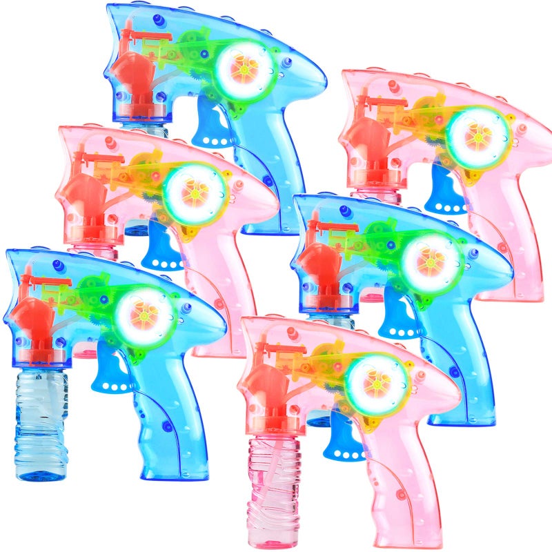 Laxdacee 6 Pcs Bubble Gun Shooter LED Light up(no Batteries Needed), Wind up Operated Bubbles Blaster Blower with Bottle Solutions, Bubble Blowing Toy kit for Kid Boy and Girl Outdoor Summer Game Party Favor - Image 1